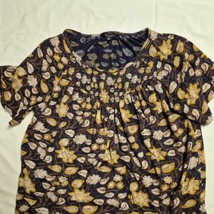 Lucky‎ Brand Womens Navy Blue Floral Smocked Square Neck Boho Peasant Top Size M